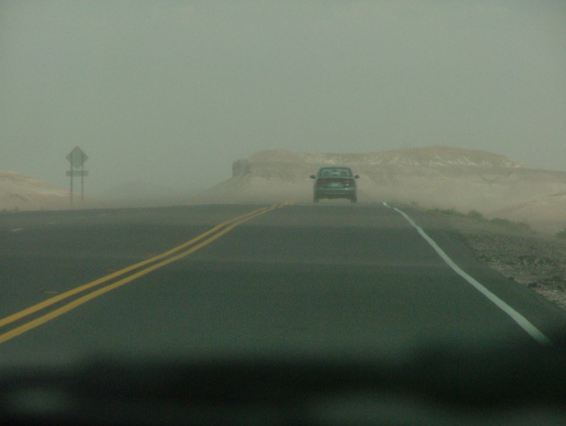 Sand blowing across the highway on our way to Zion Canyon, Arizona