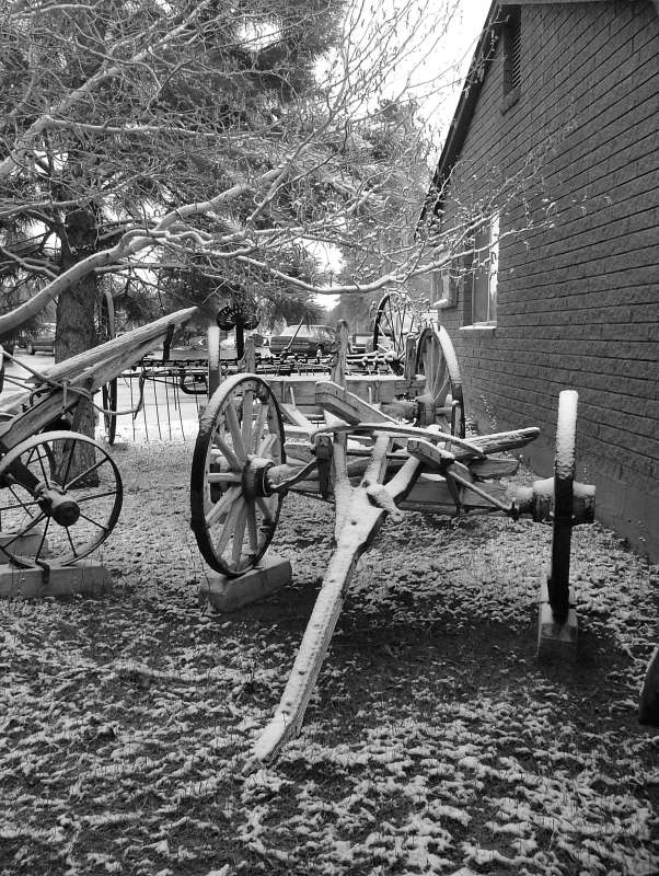 Snow covered farm equipment, outside Bryce Canyon, Utah